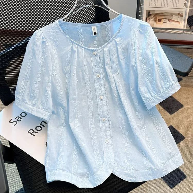 超好看法式泡泡袖甜美刺繡洋氣小衫