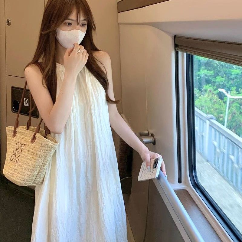法式仙女寬鬆顯瘦無袖甜美氣質掛脖洋裝