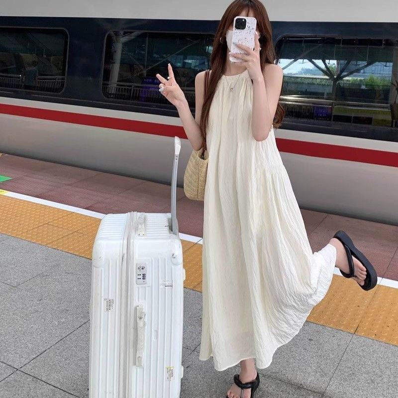 法式仙女寬鬆顯瘦無袖甜美氣質掛脖洋裝