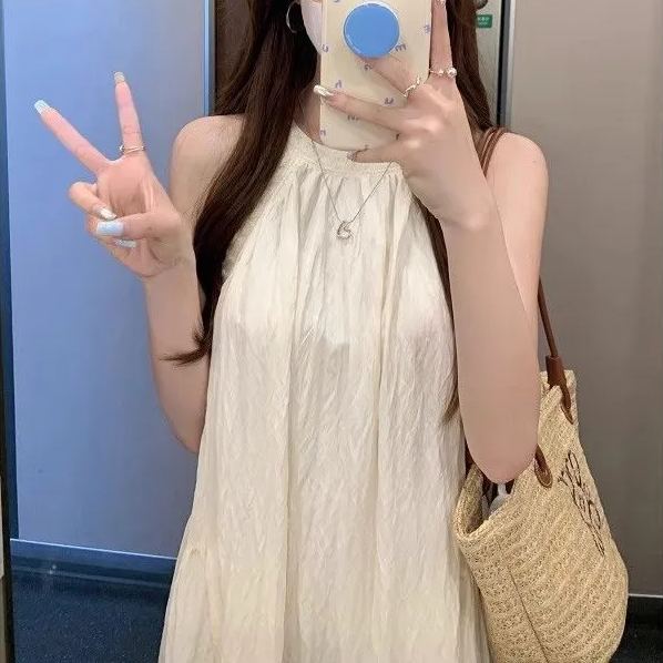 法式仙女寬鬆顯瘦無袖甜美氣質掛脖洋裝