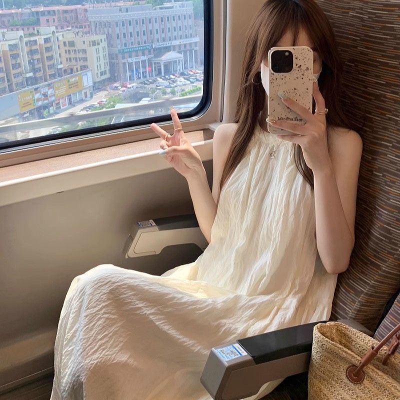 法式仙女寬鬆顯瘦無袖甜美氣質掛脖洋裝