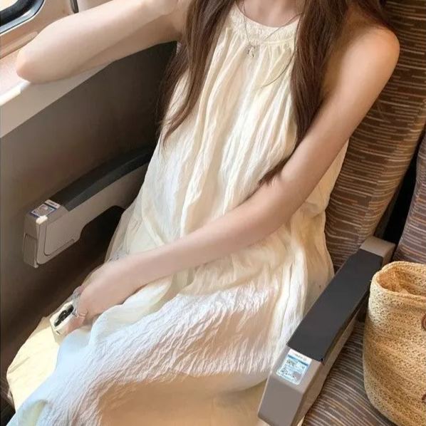 法式仙女寬鬆顯瘦無袖甜美氣質掛脖洋裝