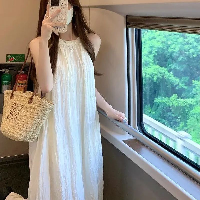 法式仙女寬鬆顯瘦無袖甜美氣質掛脖洋裝