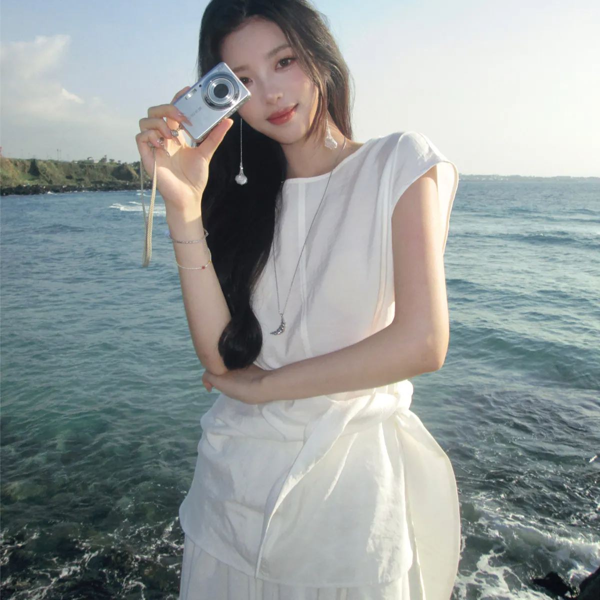 【單件/套裝】韓系純色甜美系帶斜肩背心+夏季絕美半身裙兩件套
