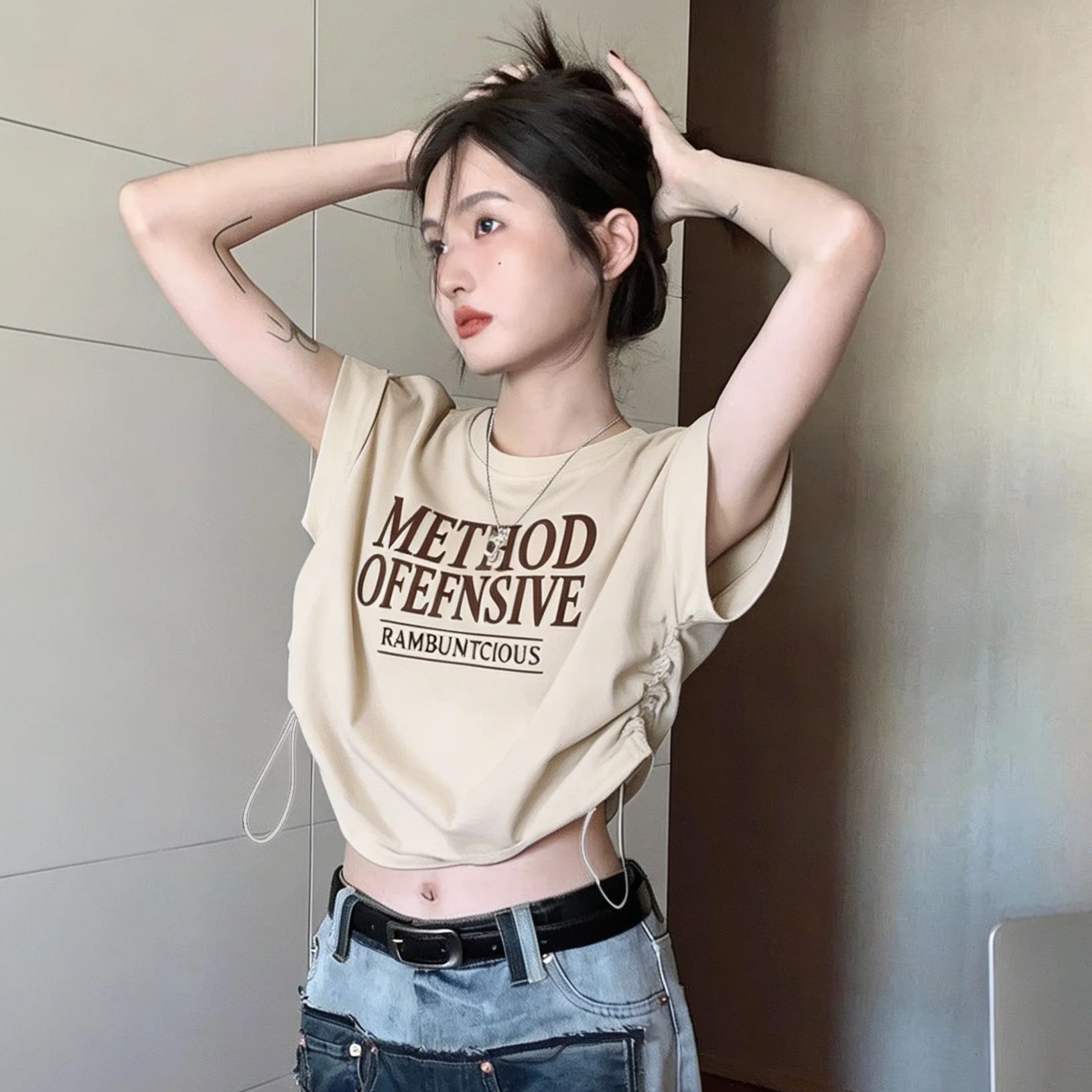 抽繩辣妹圓領百搭短款印花上衣小個子短袖T恤