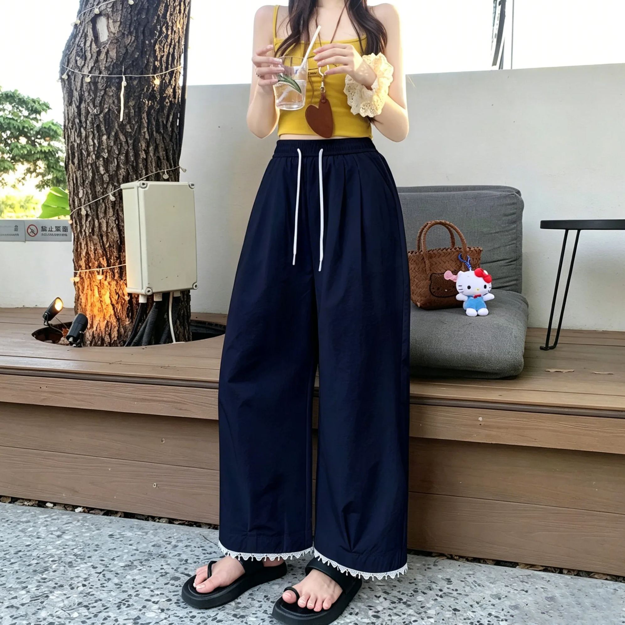 蕾絲花邊薄款高腰顯瘦寬鬆垂感直筒九分休閒褲