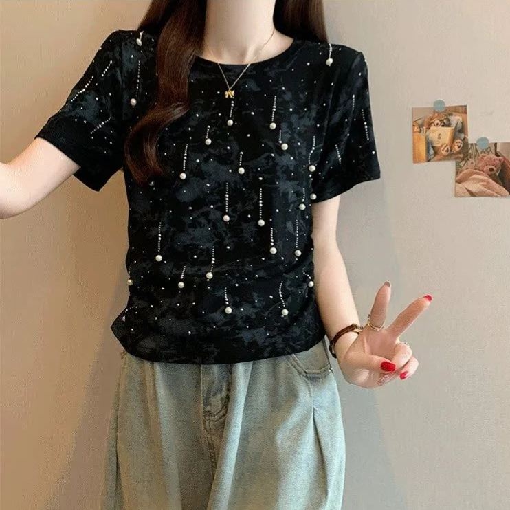 美式扎染大碼胖mm設計感重工釘珠上衣短款超火小衫