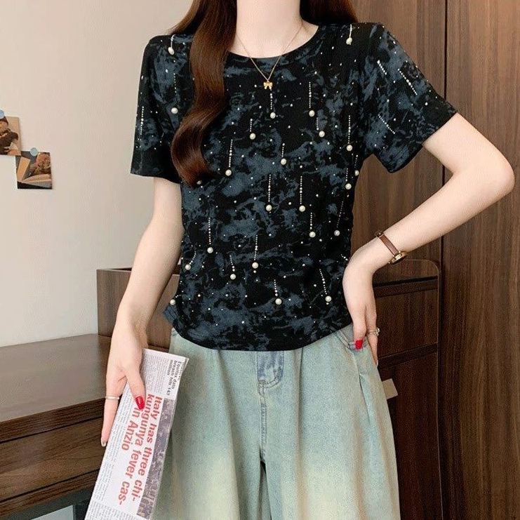 美式扎染大碼胖mm設計感重工釘珠上衣短款超火小衫