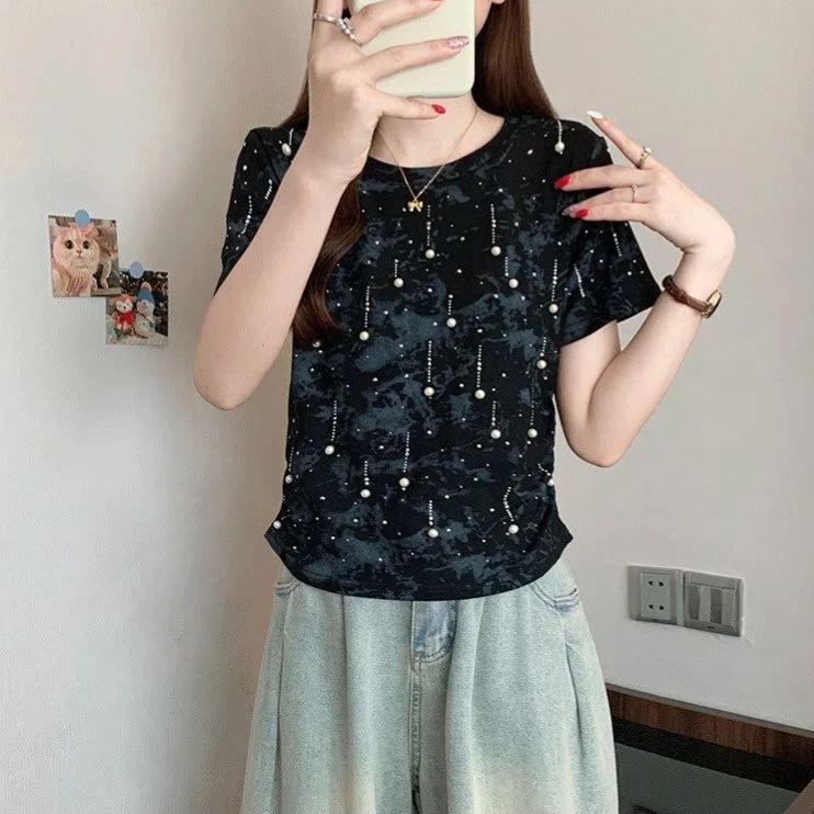 美式扎染大碼胖mm設計感重工釘珠上衣短款超火小衫