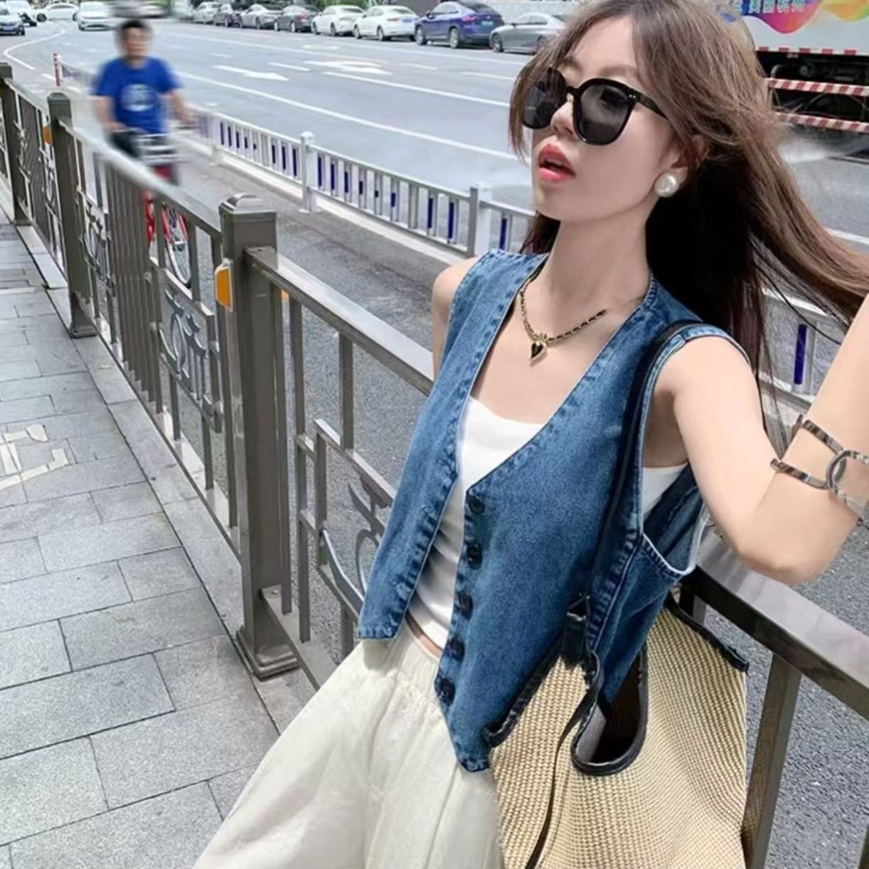 高品質薄款洋氣牛仔小馬夾無袖上衣