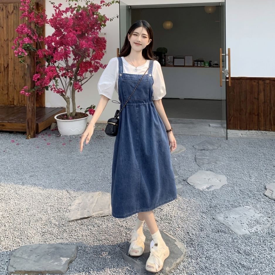 時尚韓版收腰顯瘦寬鬆中長款牛仔背帶洋裝