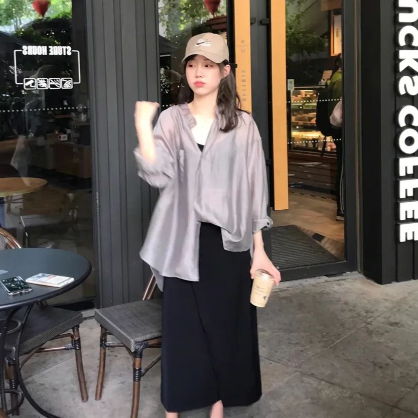 慵懶風設計感大碼寬鬆顯瘦薄款防曬衣襯衫