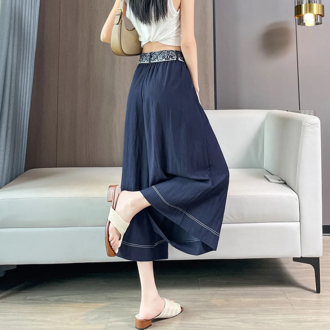 藏藍色冰絲薄款高腰顯瘦八分闊腿牛仔裙褲