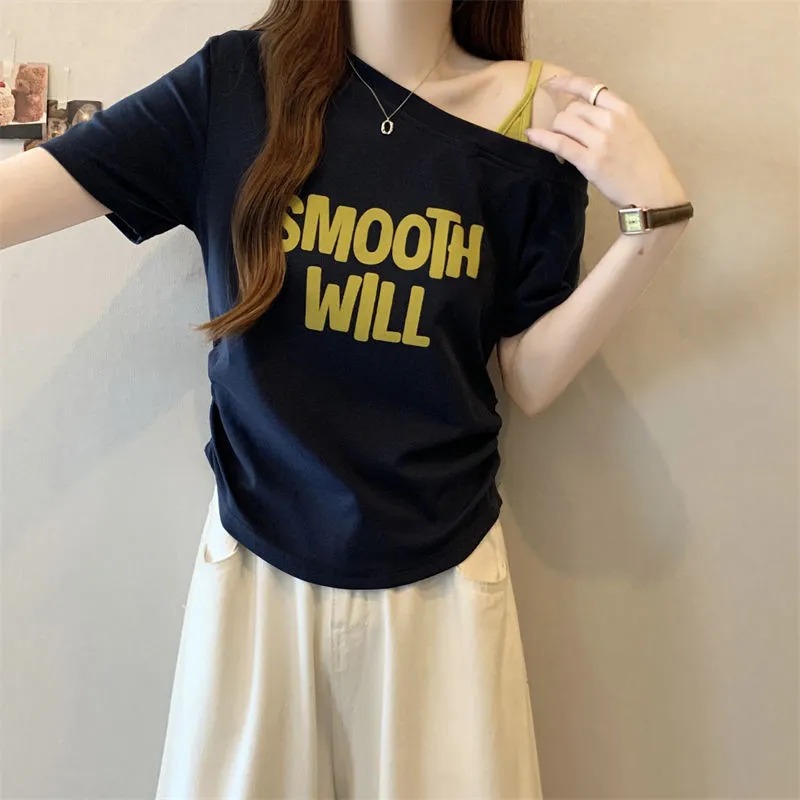 假兩件斜肩露肩洋氣收腰顯瘦印花短袖T恤-Cicimode