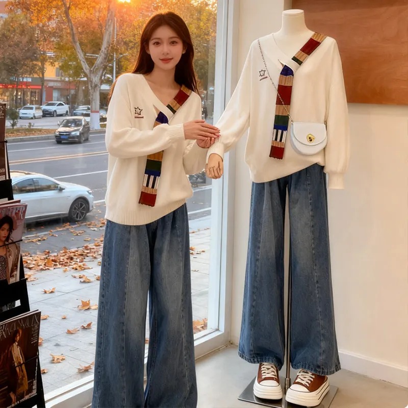 【單件/套裝】韓版設計感拼接長袖上衣+高腰顯瘦闊腿牛仔褲兩件套-Cicimode