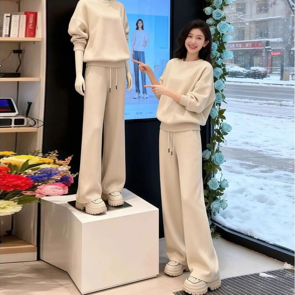 【整套】圓領時尚洋氣套頭長袖+運動休閒長褲兩件套-Cicimode