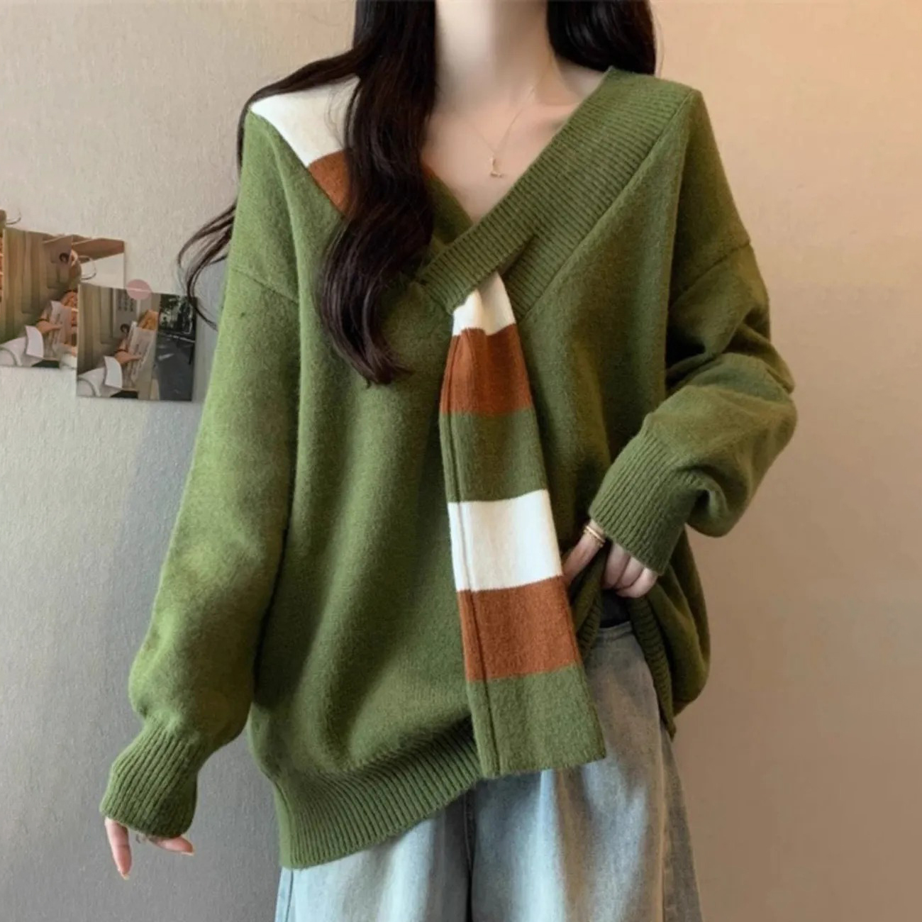 【單件/套裝】韓系減齡V領針織衫毛衣+高腰顯瘦闊腿牛仔褲兩件套-Cicimode