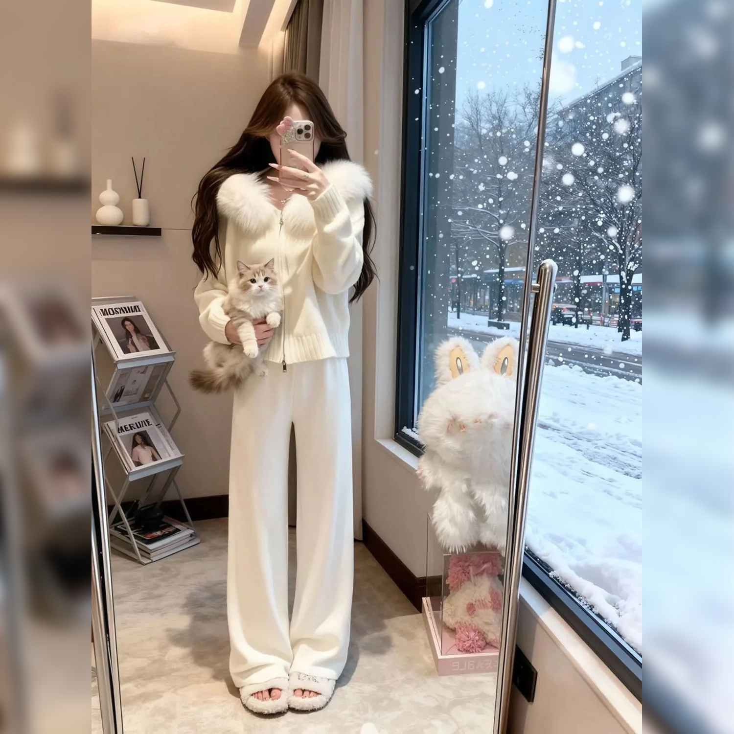 【單件/套裝】寬鬆慵懶風毛領連帽拉鏈開衫+百搭顯瘦闊腿褲兩件套裝