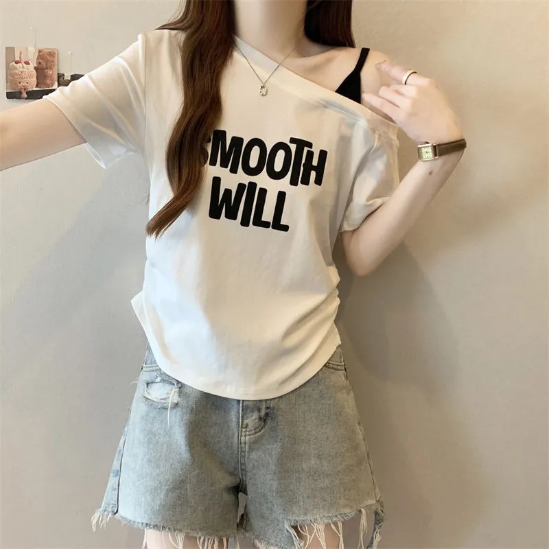 假兩件斜肩露肩洋氣收腰顯瘦印花短袖T恤-Cicimode