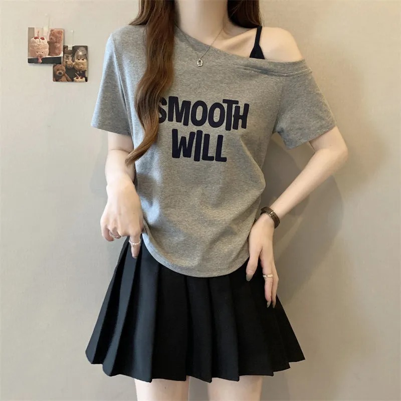 假兩件斜肩露肩洋氣收腰顯瘦印花短袖T恤-Cicimode