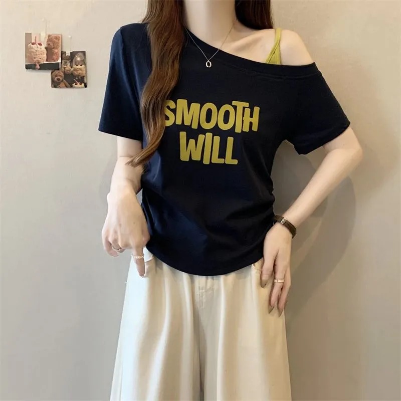 假兩件斜肩露肩洋氣收腰顯瘦印花短袖T恤-Cicimode