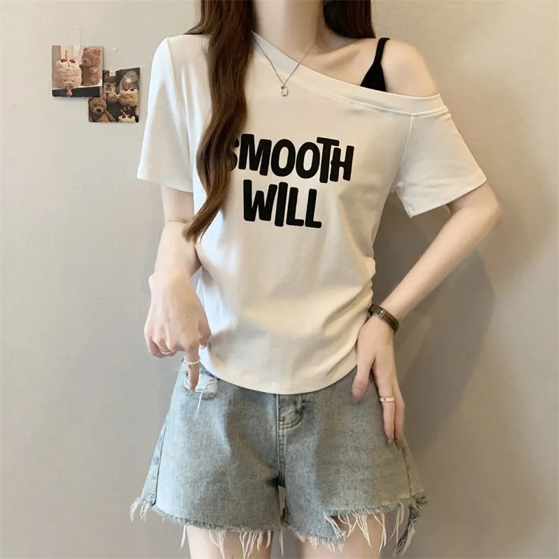 假兩件斜肩露肩洋氣收腰顯瘦印花短袖T恤-Cicimode