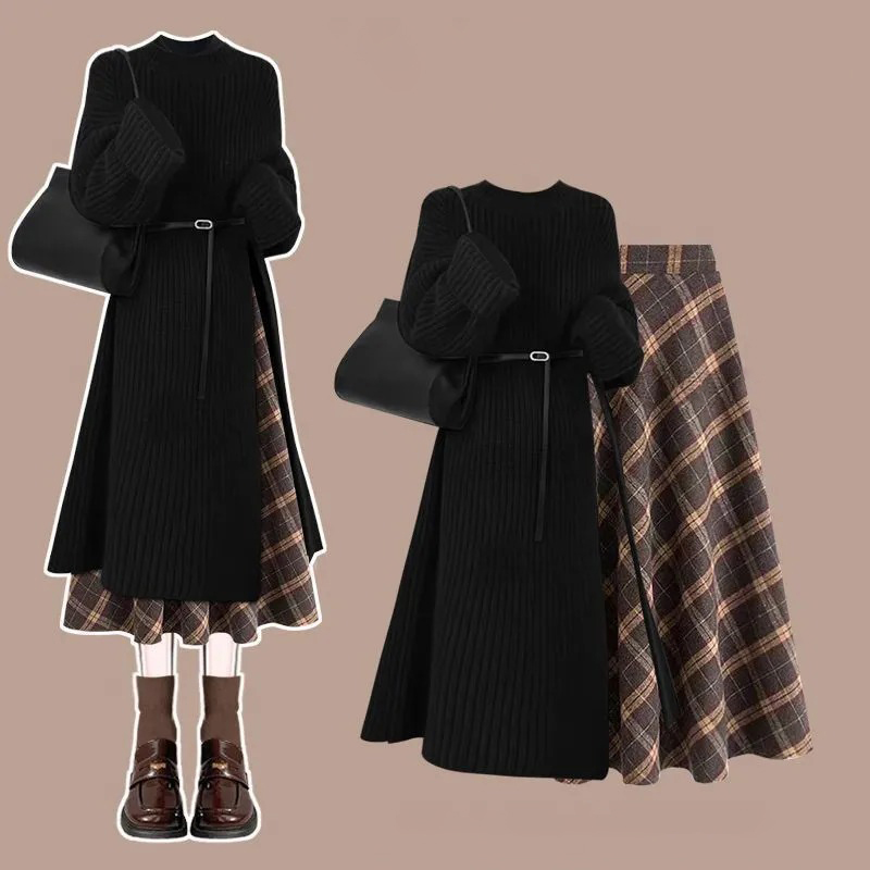 新色追加!【單件/套裝】法式氣質毛衣連身裙顯瘦百搭格子半身裙兩件套裝-Cicimode