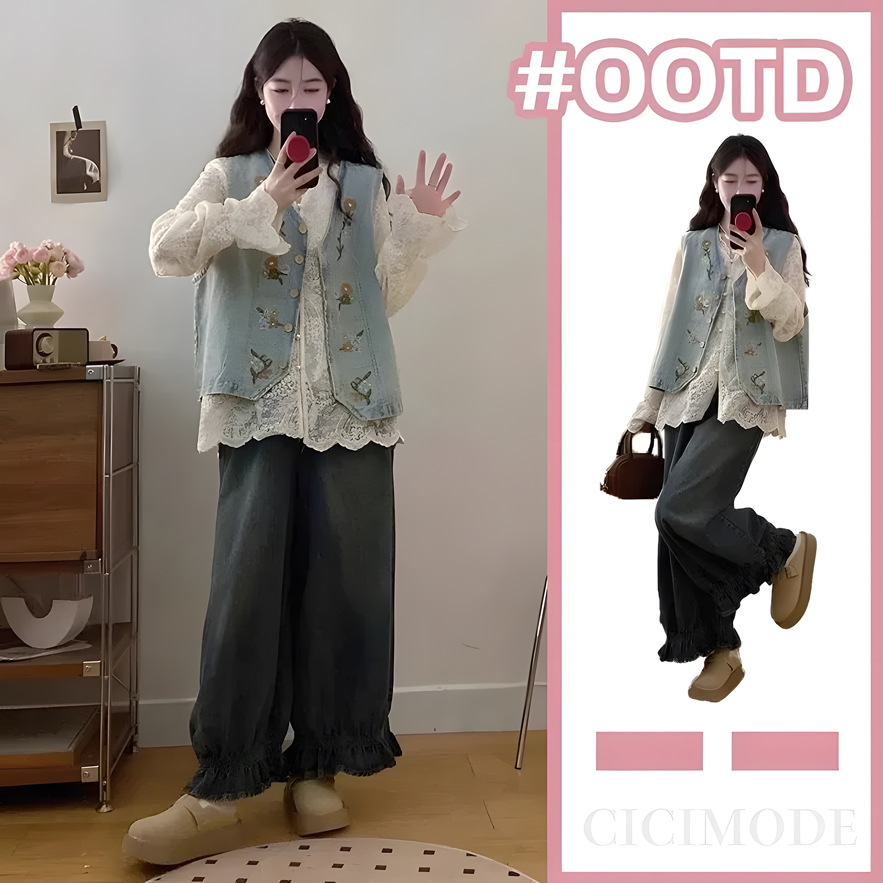 【單件/套裝】百搭蕾絲襯衫+氣質刺繡馬甲+復古闊腿牛仔褲三件套裝-Cicimode