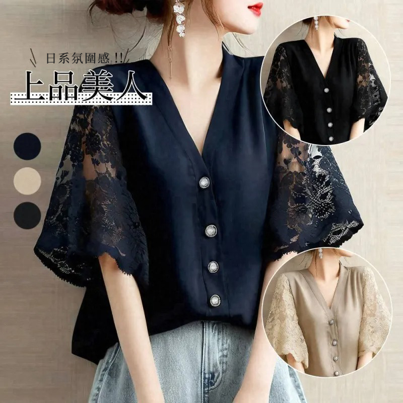 日系時尚拼接v領蕾絲氣質五分短袖