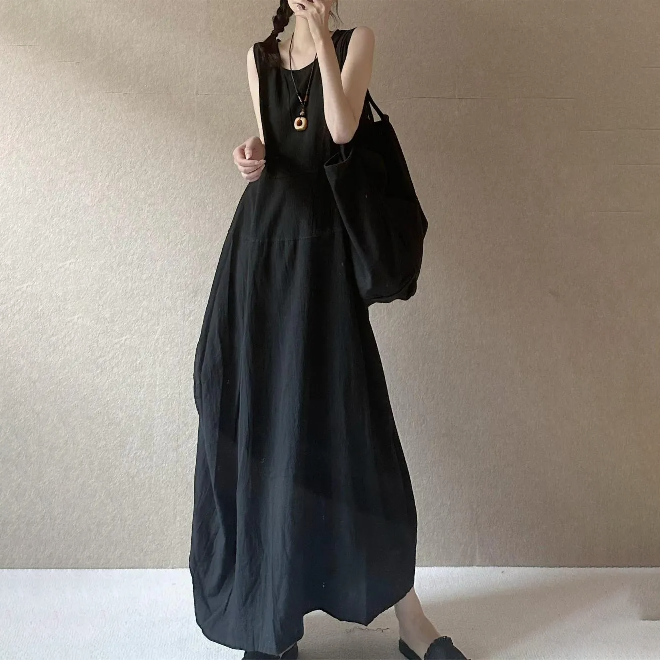 棉麻文藝圓領套頭寬鬆顯瘦花苞長款背心洋裝