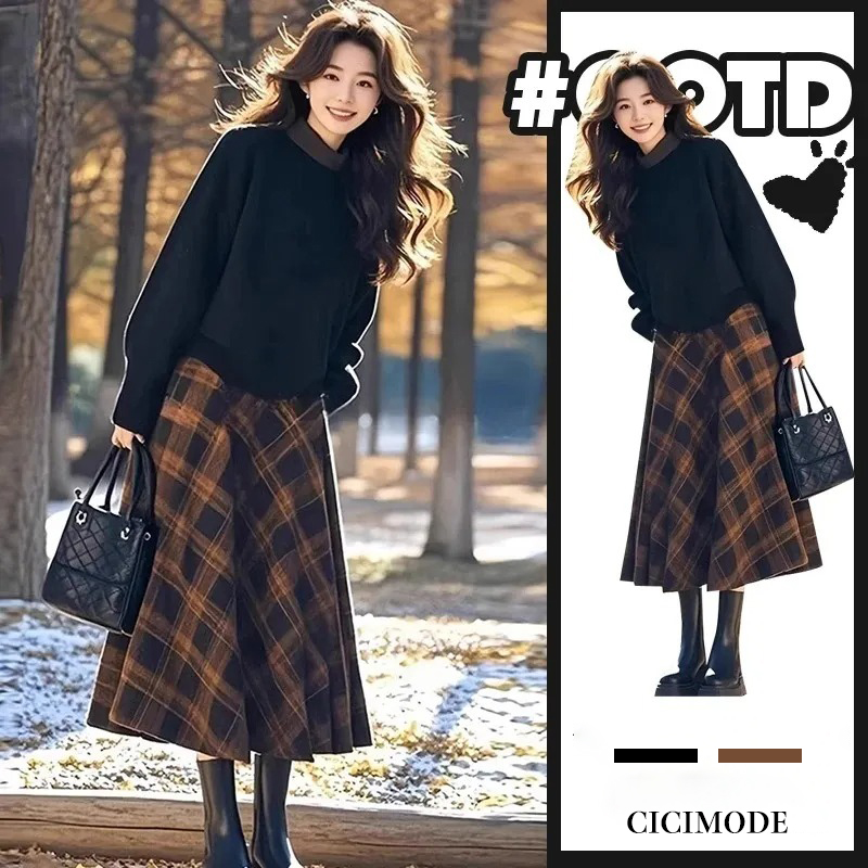 【單件/套裝】小香風撞色減齡毛衣+格子半身裙兩件套裝-Cicimode