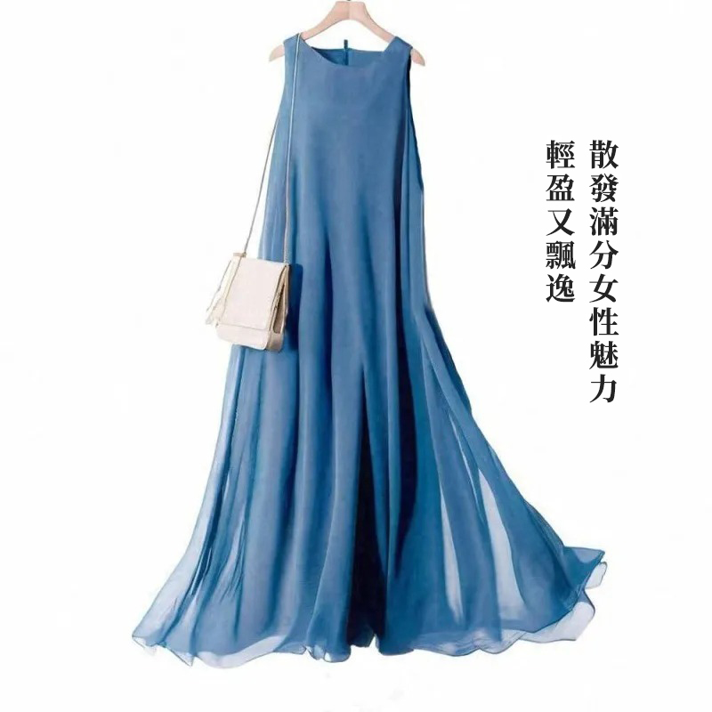 日系休閑圓領無袖雙層藍色雪紡連身裙
