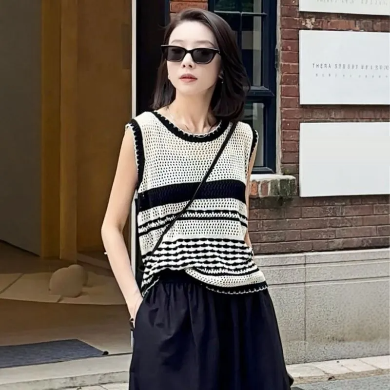 韓系設計感鏤空薄款撞色無袖針織背心-Cicimode