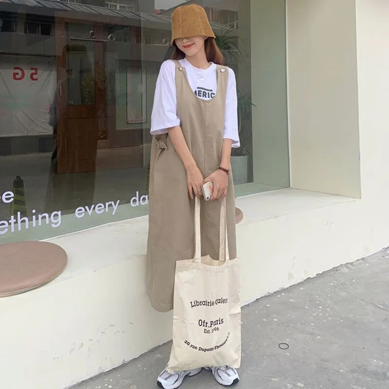 【單件/套裝】日系洋氣顯瘦減齡寬松遮肚背帶裙+印花短袖T恤兩件套