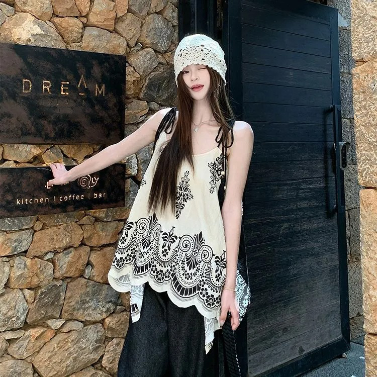 復古印花寬松設計顯瘦新中式度假吊帶洋裝