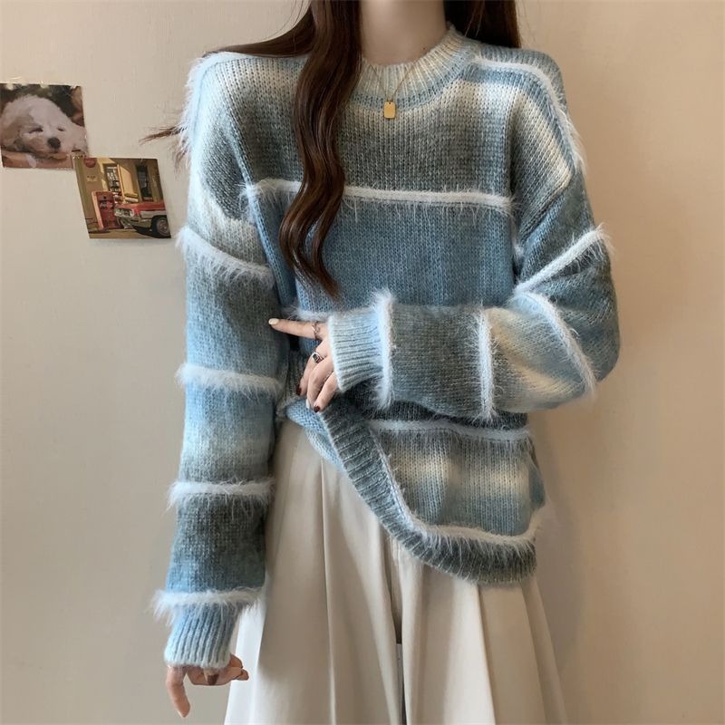 美拉德漸變條紋毛衣顯瘦軟糯針織衫-Cicimode