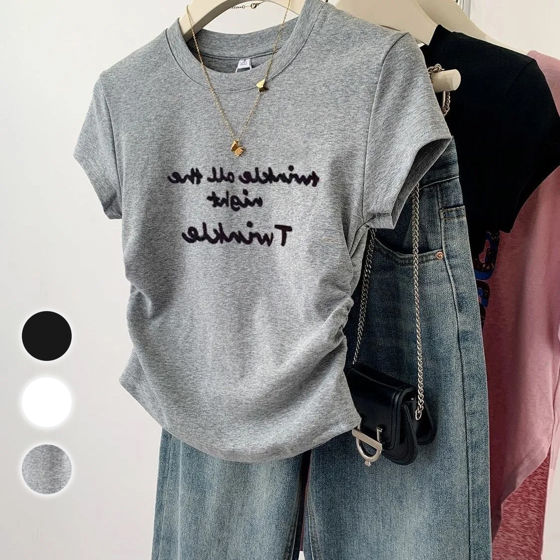 正肩字母印花小眾褶皺收腰短款修身短袖T恤