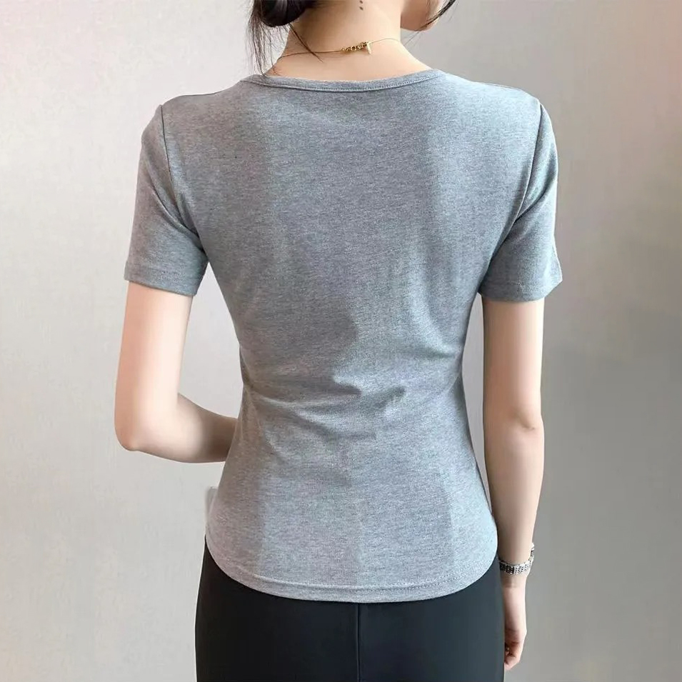 4色純棉U領假兩件顯瘦撞色拼接收腰短袖T恤