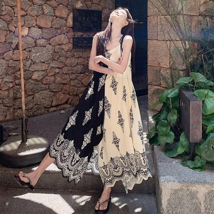 復古印花寬松設計顯瘦新中式度假吊帶洋裝