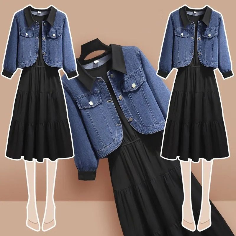 【單件/套裝】小香風牛仔外套+黑色背心連身裙兩件套裝-Cicimode