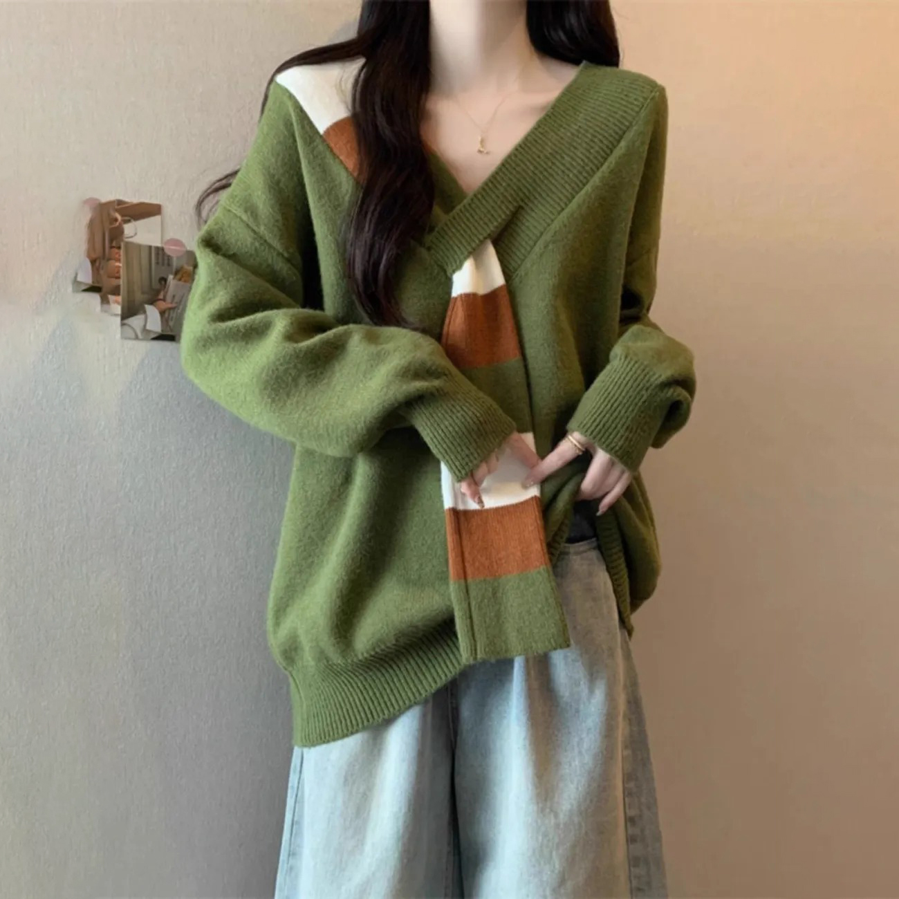 【單件/套裝】韓系減齡V領針織衫毛衣+高腰顯瘦闊腿牛仔褲兩件套-Cicimode