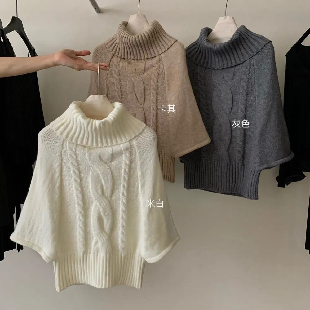 麻花斗篷氛圍針織衫復古寬鬆中袖高領毛衣-Cicimode