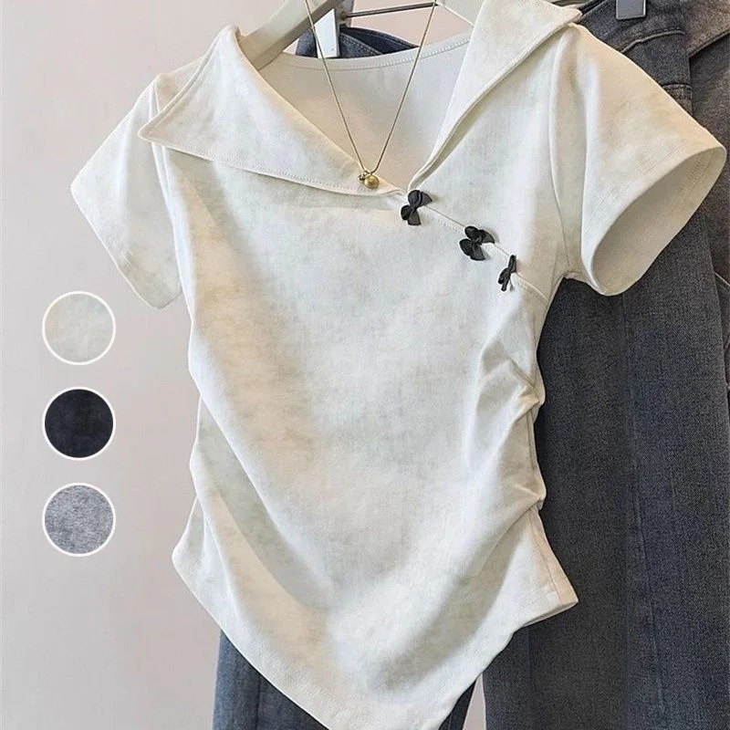 設計感翻領紮染不規則蝴蝶結收腰短袖T恤