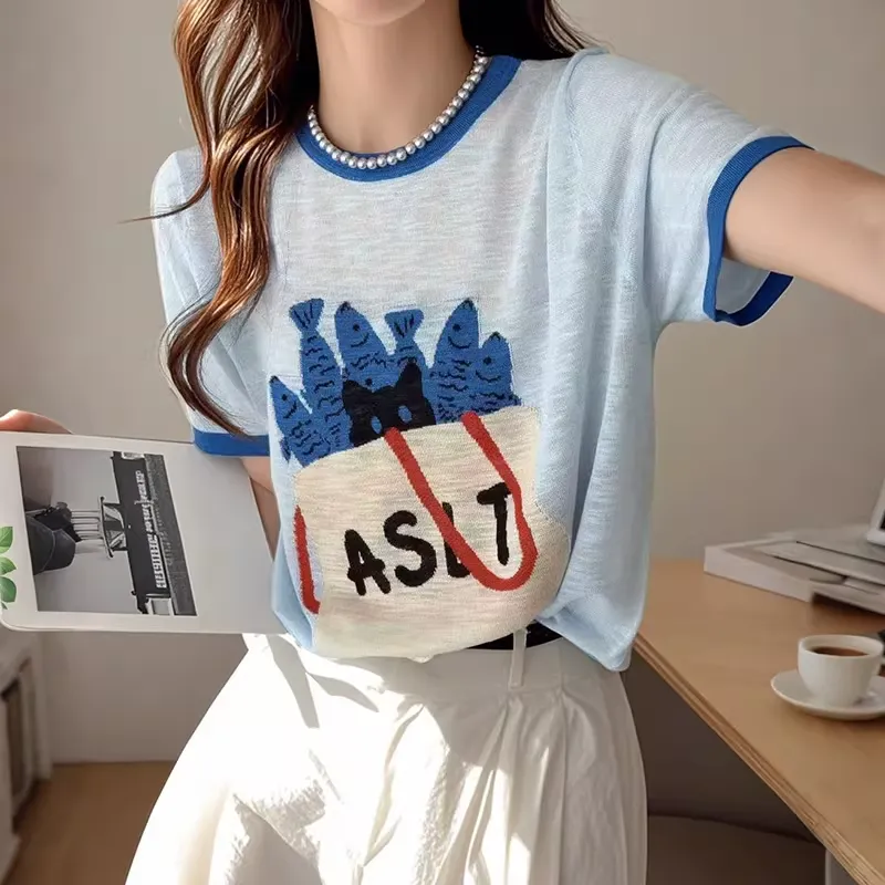 竹節棉設計感可愛印花多巴胺圓領短袖