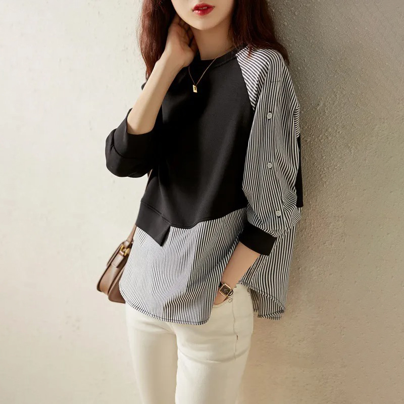 不對稱條紋拼接蝙蝠廓形寬鬆圓領衛衣-Cicimode