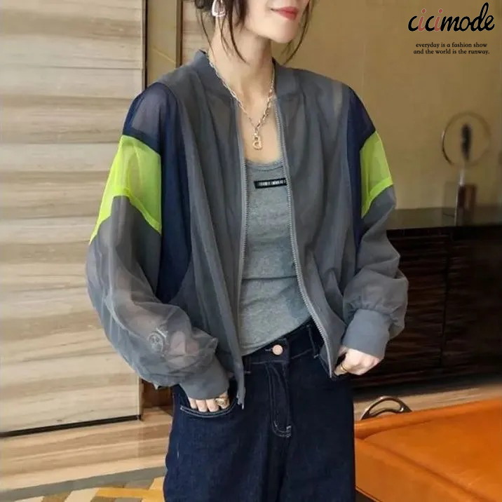 時尚洋氣薄款撞色雙層網紗防曬開衫