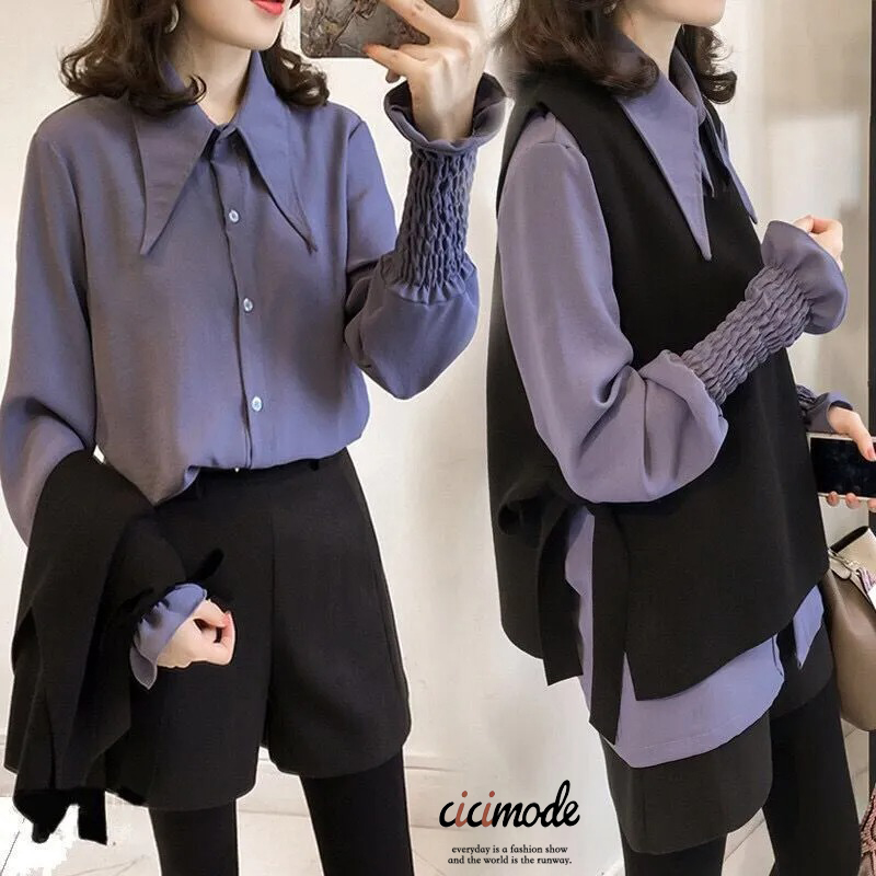 【整套】時尚休閒設計感馬甲+鬆緊袖口襯衫兩件套裝-Cicimode