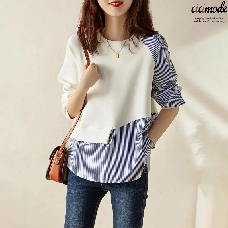 不對稱條紋拼接蝙蝠廓形寬鬆圓領衛衣-Cicimode