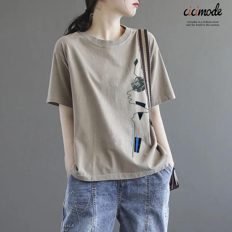 韓版復古休閒百搭顯瘦寬鬆印花圓領短袖