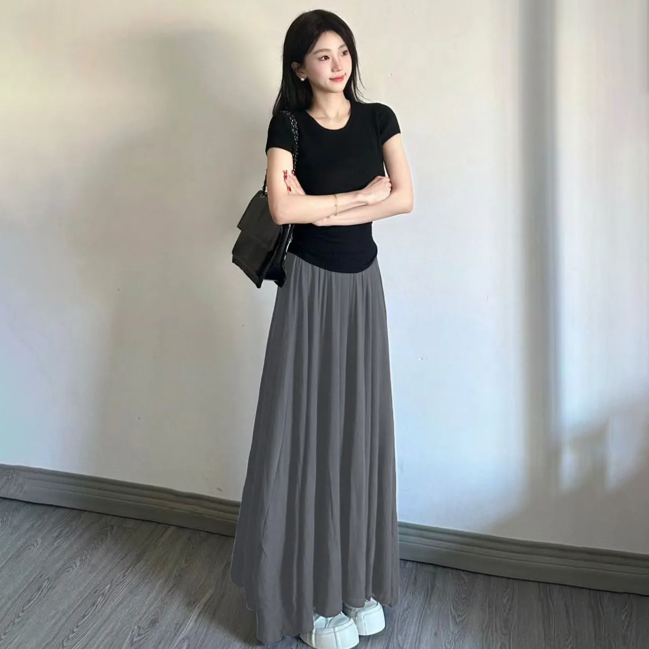 【單件/套裝】法式慵懶風修身短袖T恤+a字高腰半身長裙兩件套裝-Cicimode